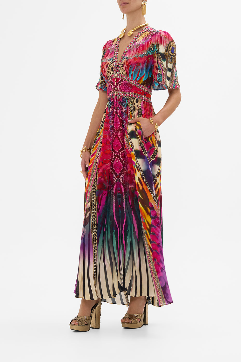 CAMILLA Shaped Waistband Dress with Flutter Sleeves in Sahara Supernatural print.
