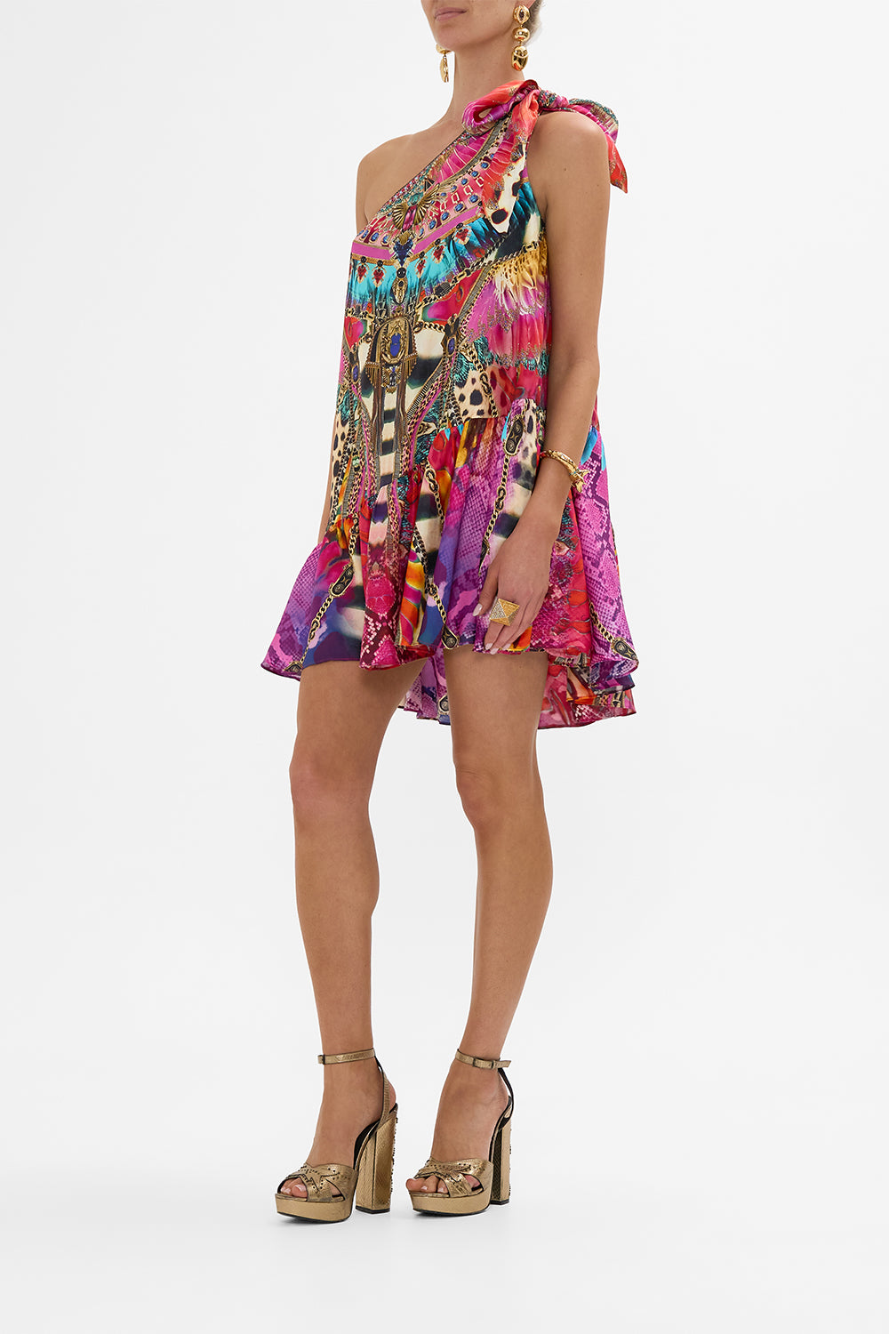 CAMILLA Tie One Shoulder Short Dress in Sahara Supernatural print