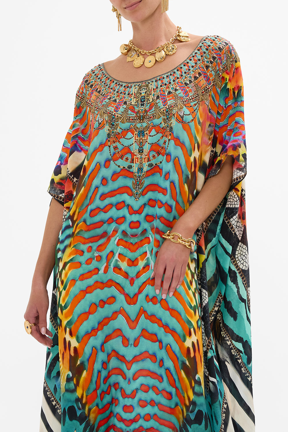 CAMILLA Round Neck Kaftan in Desert Visions print.