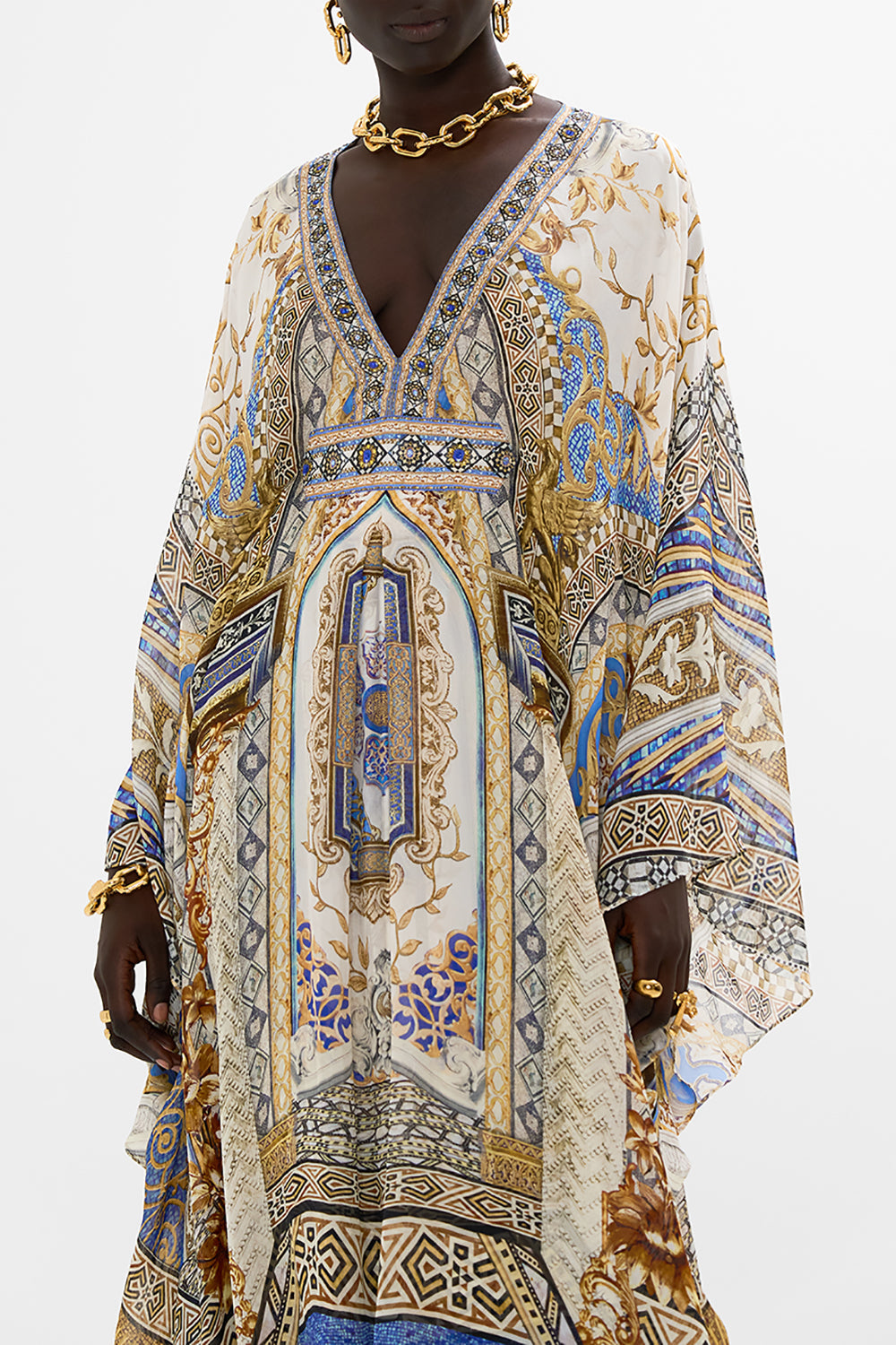 CAMILLA Long Kaftan with Waist Detail in Make Me Your Mosaic Print.