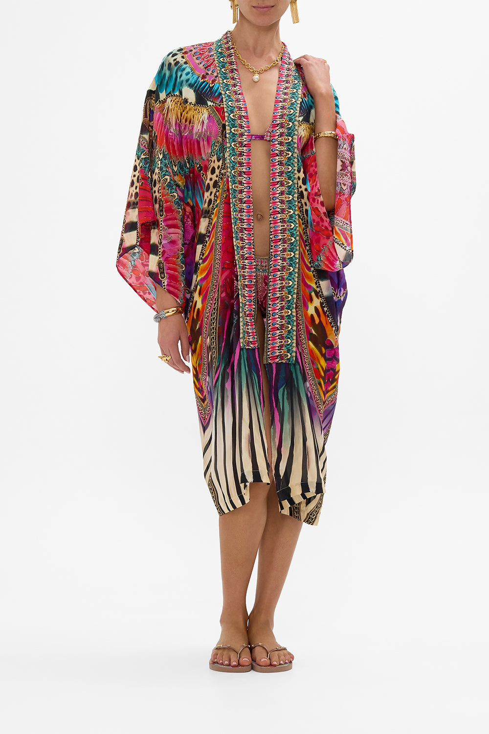 CAMILLA Mid Length Kimono Layer with Collar in Sahara Supernatural print.