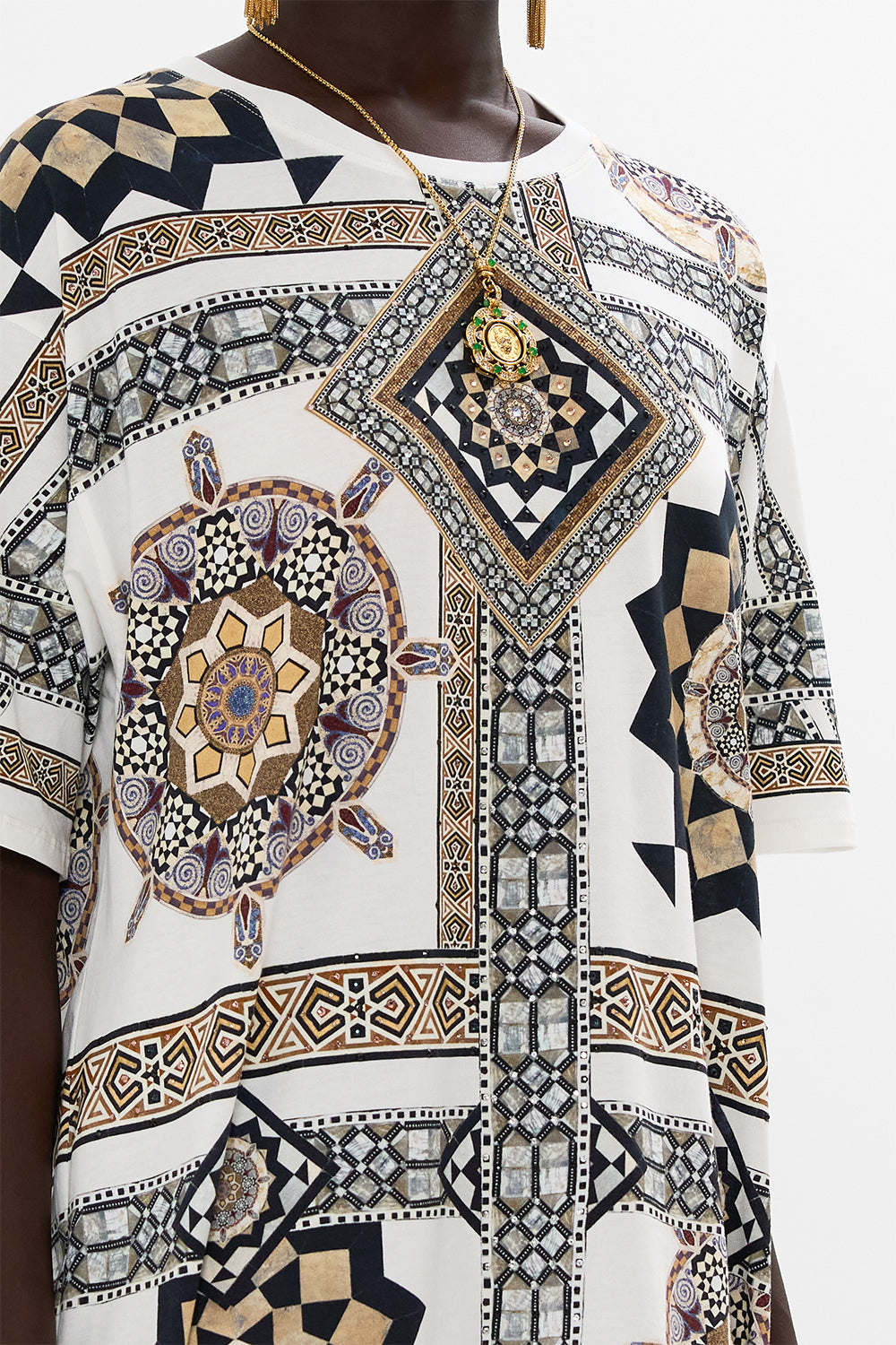 CAMILLA Oversized Band Tee in Whitemulti Tile Style Print.