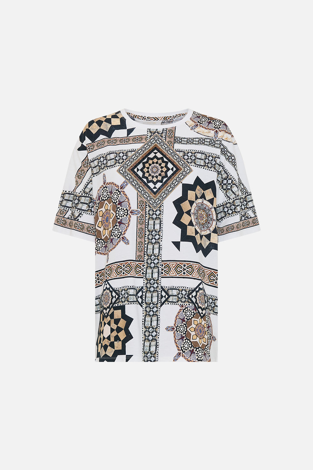 CAMILLA Oversized Band Tee in Whitemulti Tile Style Print.