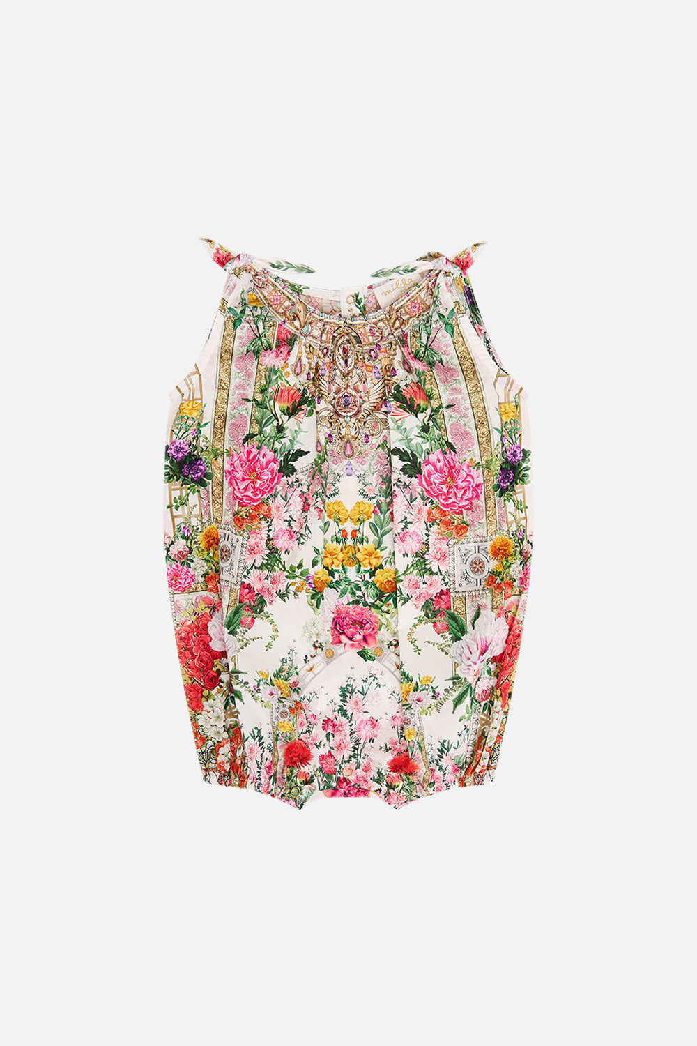 The CAMILLA ROUND DRAWSTRING POUCH WITH FEATHERS ARCHIVAL REVIVAL in our  print.