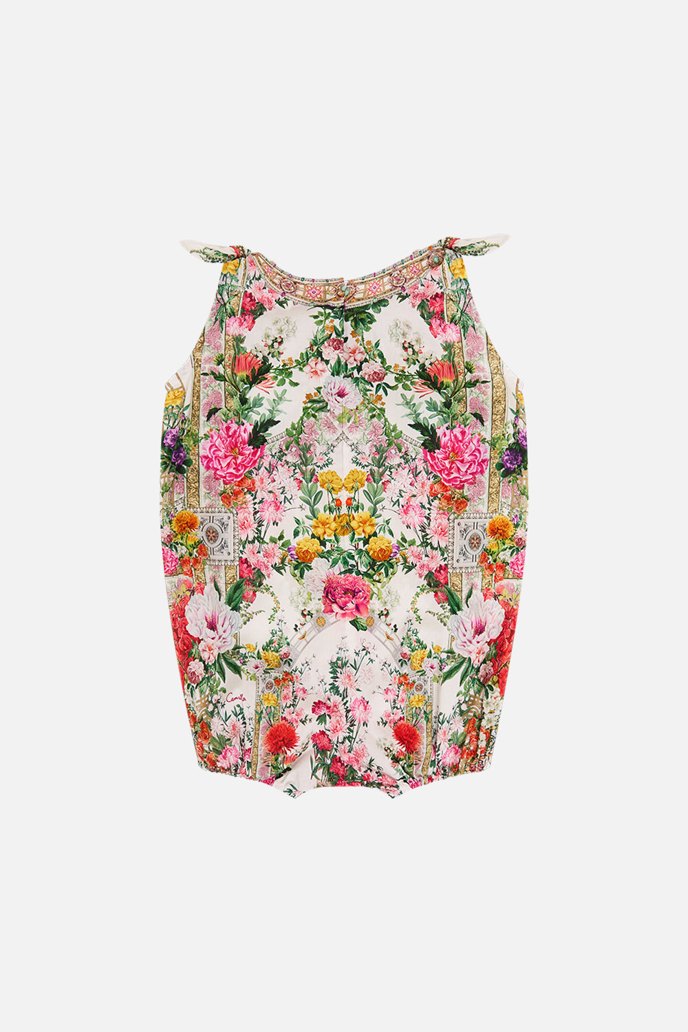The CAMILLA ROUND DRAWSTRING POUCH WITH FEATHERS ARCHIVAL REVIVAL in our  print.