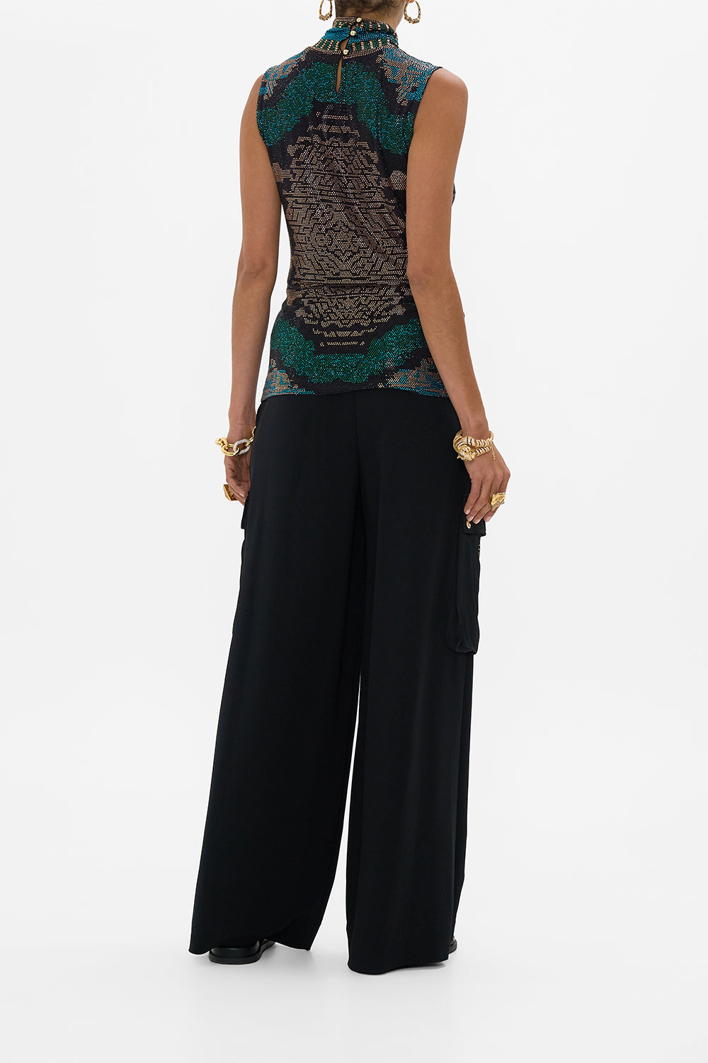 CAMILLA Sleeveless Jersey Turtleneck with Buttons in Other Side of the Oasis print.