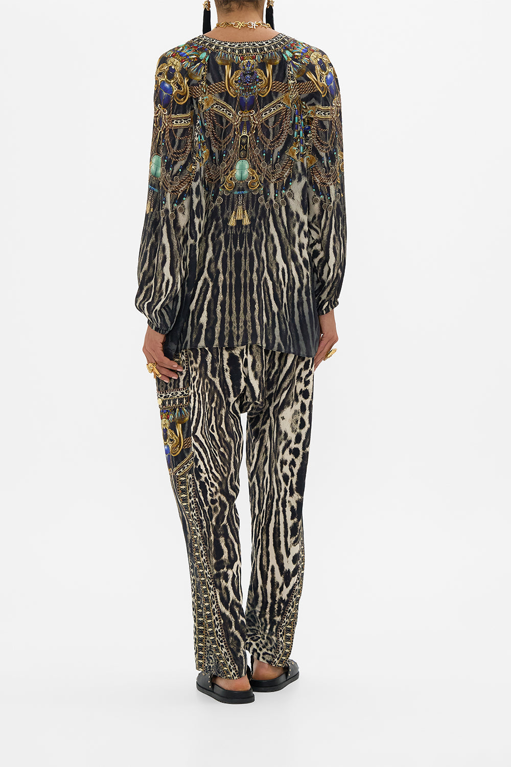 CAMILLA Lace Up Blouse in The Cat Worship print. 