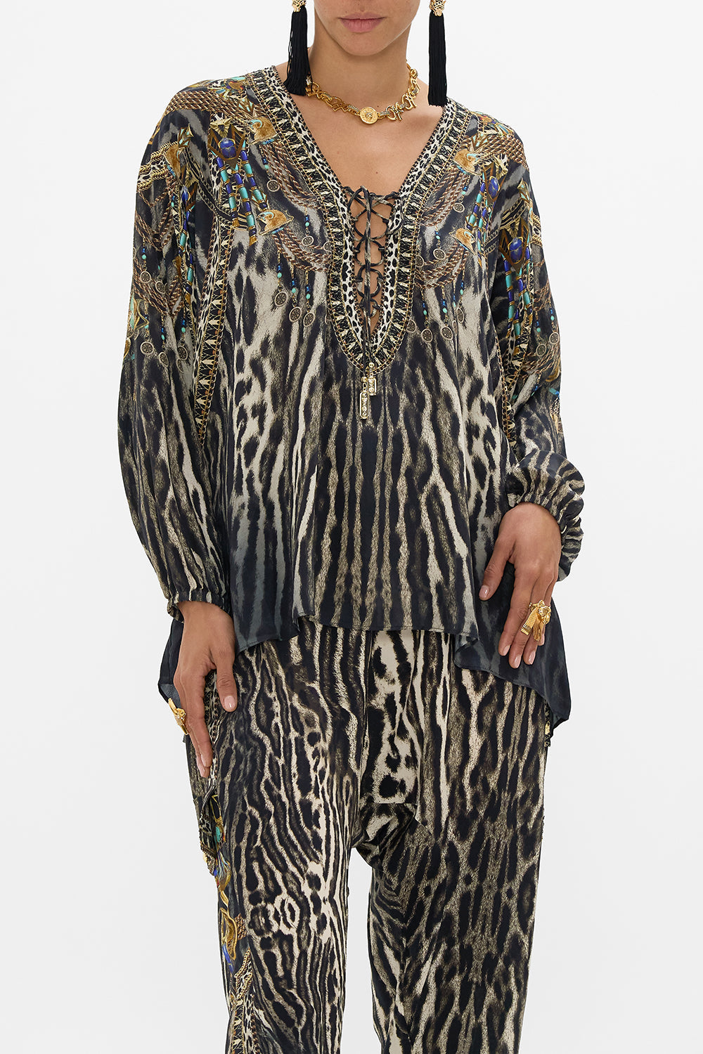 CAMILLA Lace Up Blouse in The Cat Worship print. 