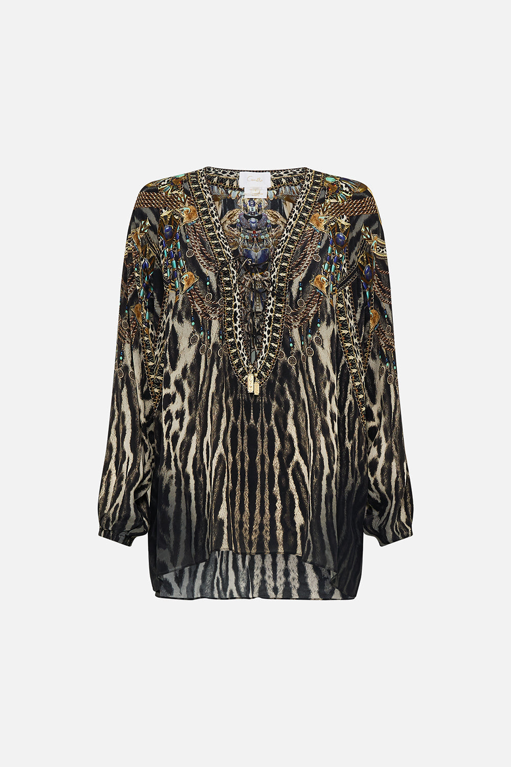 CAMILLA Lace Up Blouse in The Cat Worship print. 