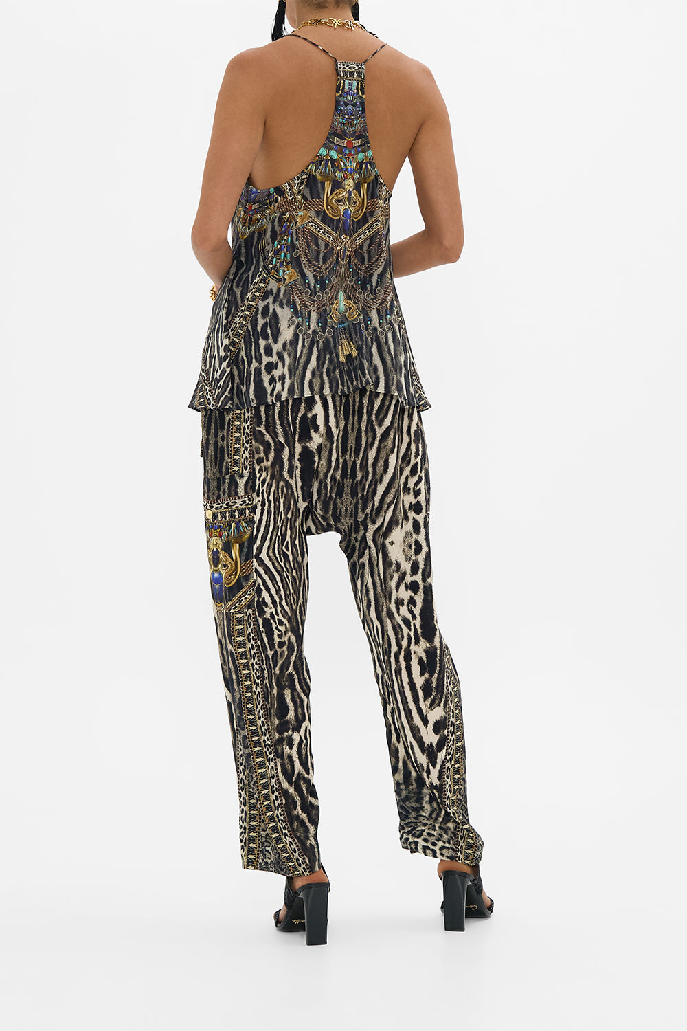 CAMILLA T Back Shoestring Top in Cat Worship print.