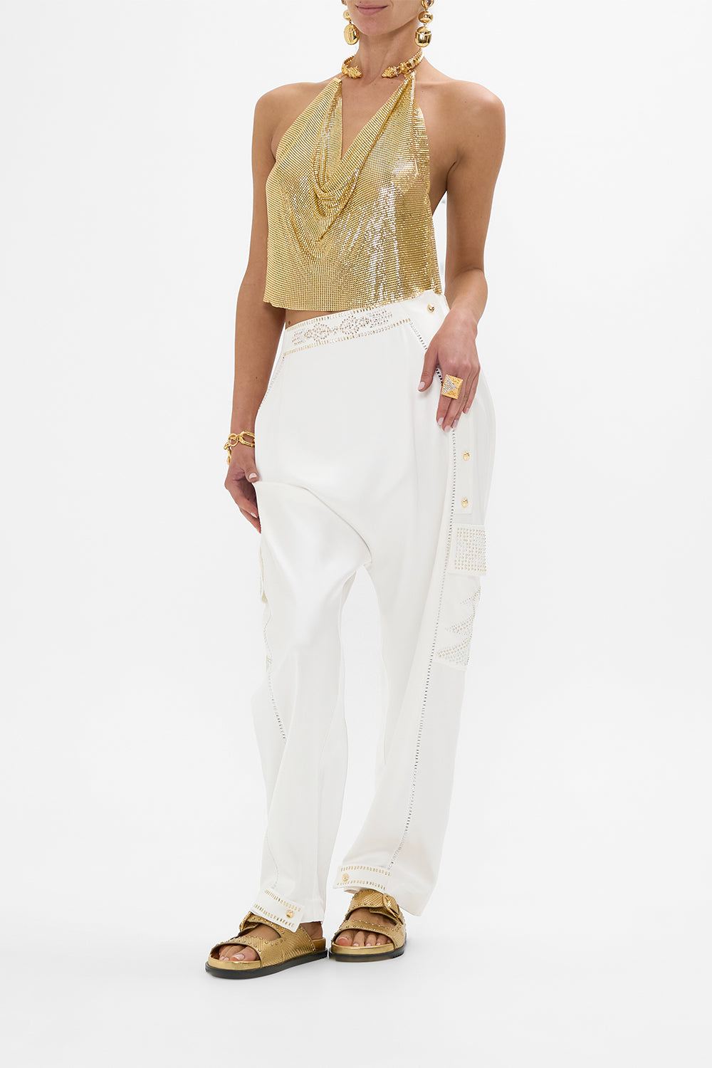 CAMILLA Gilded Mesh Top With Neckpiece in Valley Of The Kings print. 