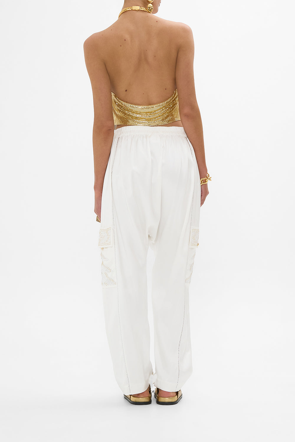 CAMILLA Gilded Mesh Top With Neckpiece in Valley Of The Kings print. 