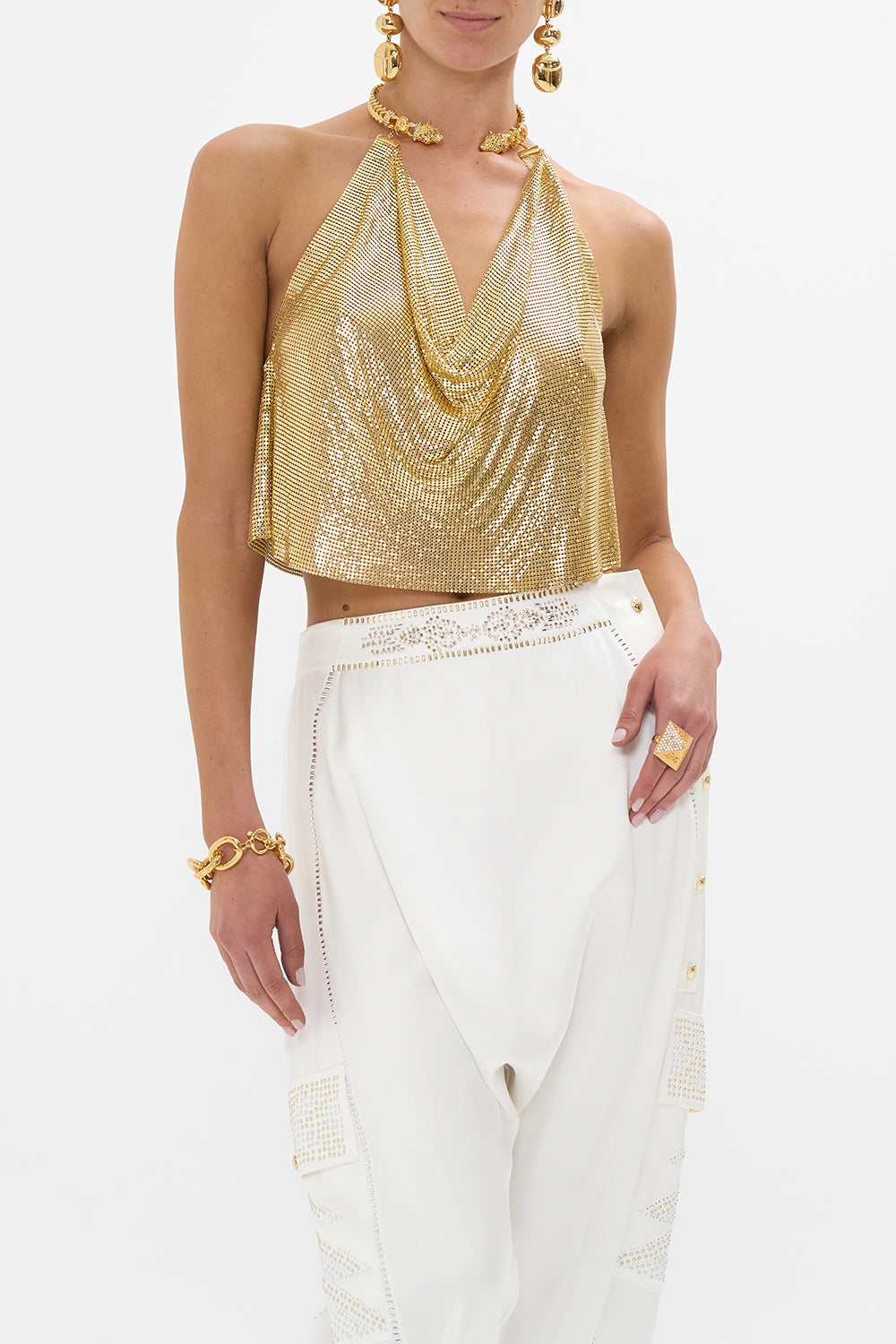 CAMILLA Gilded Mesh Top With Neckpiece in Valley Of The Kings print. 