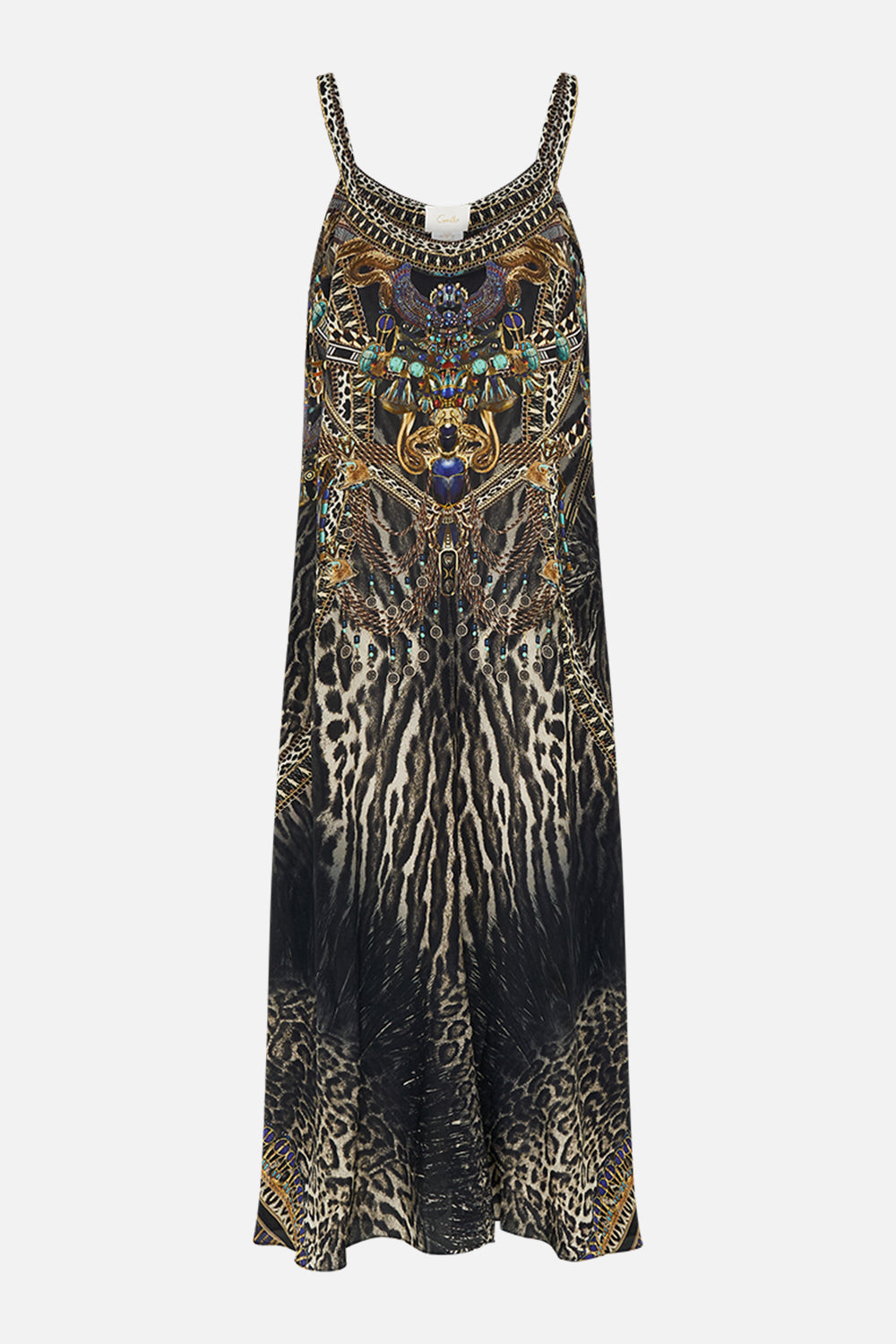 CAMILLA V Neck Midi Slip Dress in Cartouche Kingdom print. 