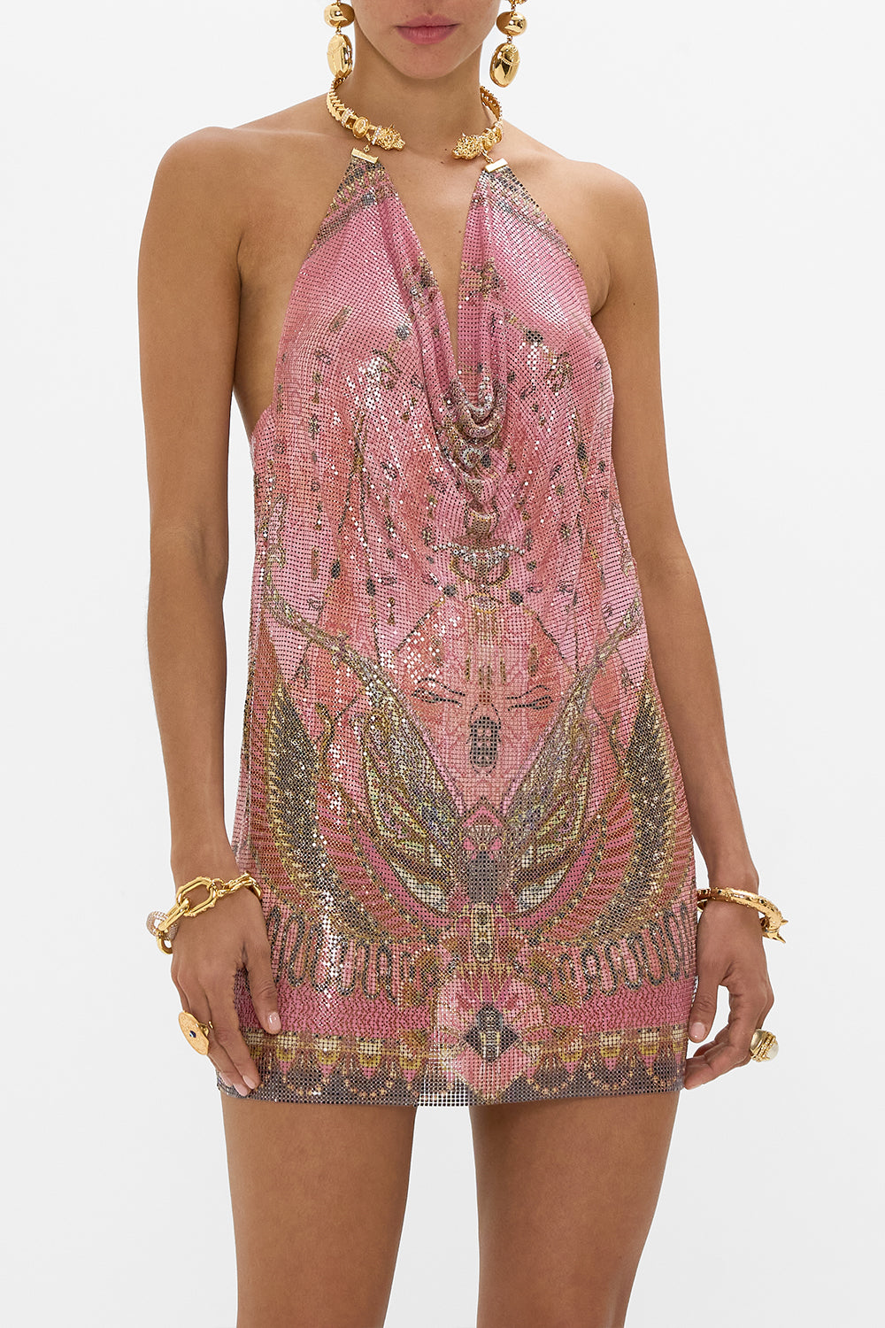 CAMILLA Gilded Mesh Short Dress With Neckpiece in Kingdom of Heiroglyphs print. 