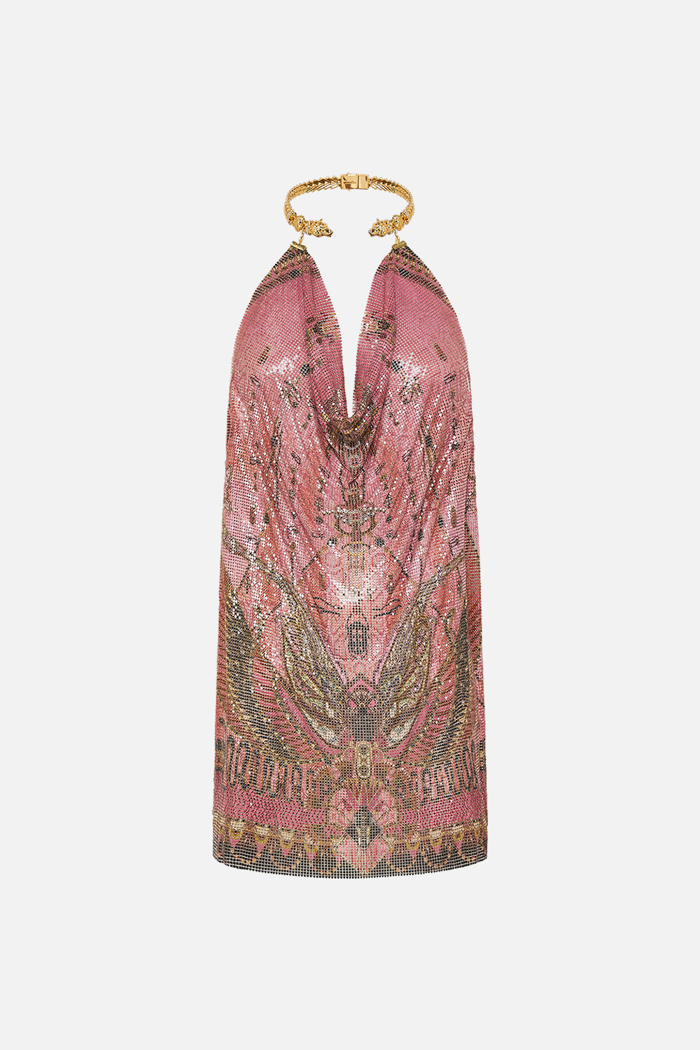 CAMILLA Gilded Mesh Short Dress With Neckpiece in Kingdom of Heiroglyphs print. 