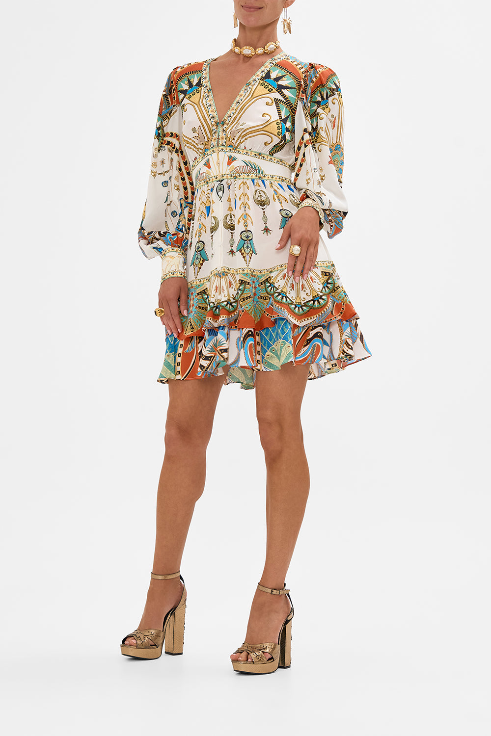 CAMILLA Button Front Frill Dress in Valley of the Queens print