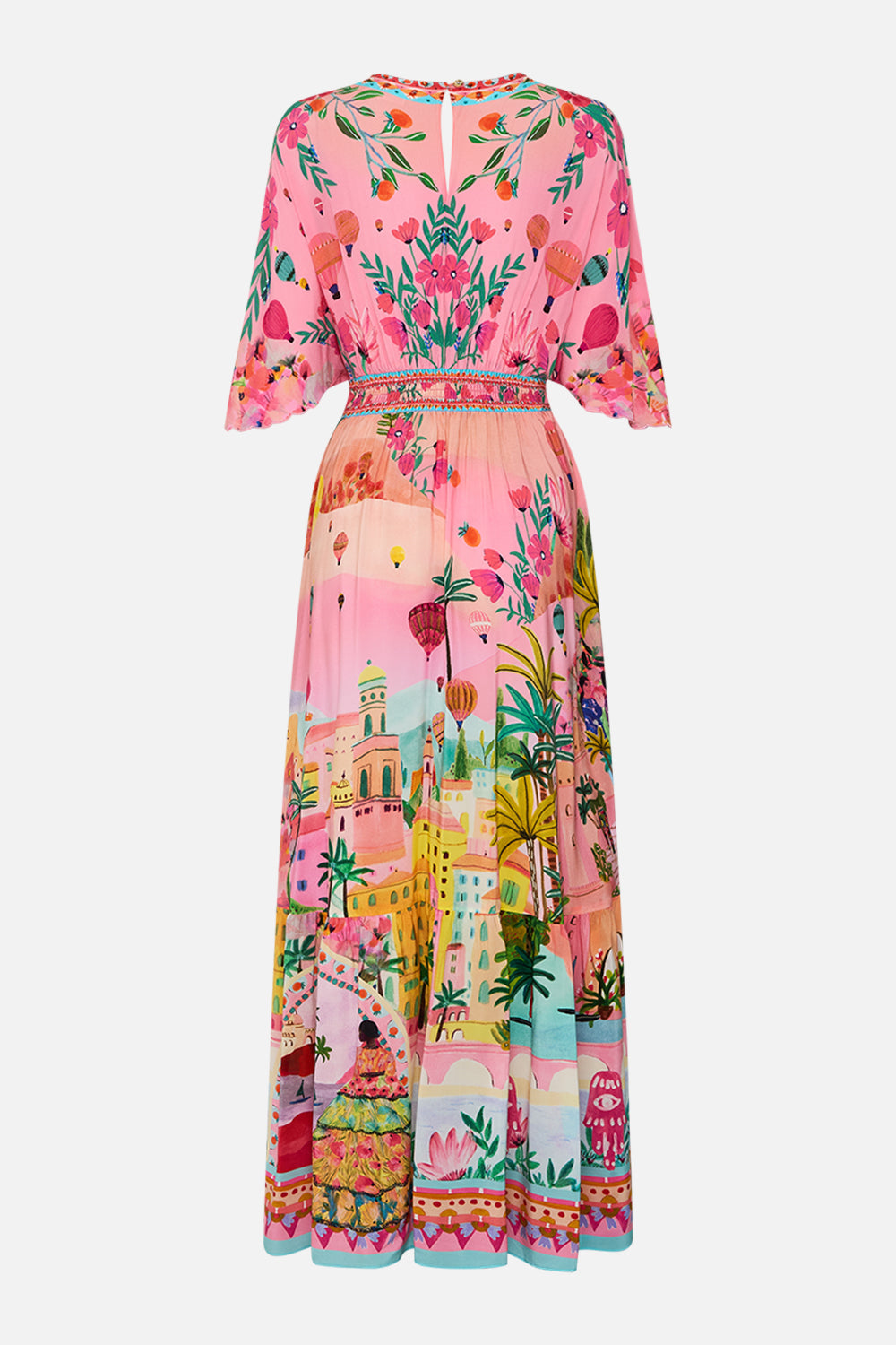 CAMILLA Waisted Dress with Hem Ruffle in Sister Sunet print. 