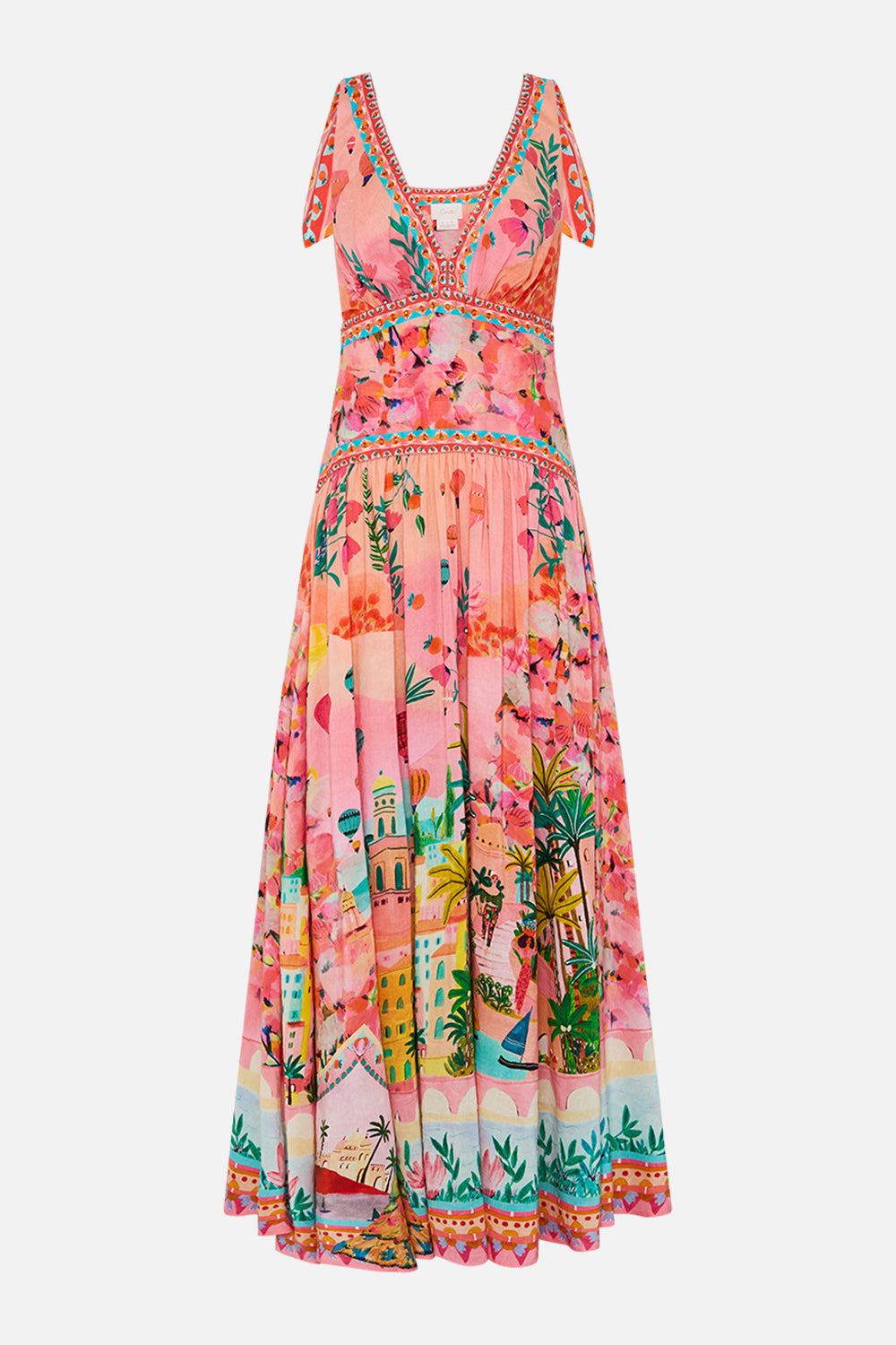 CAMILLA Tie Shoulder Dress in Sister Sunset print. 