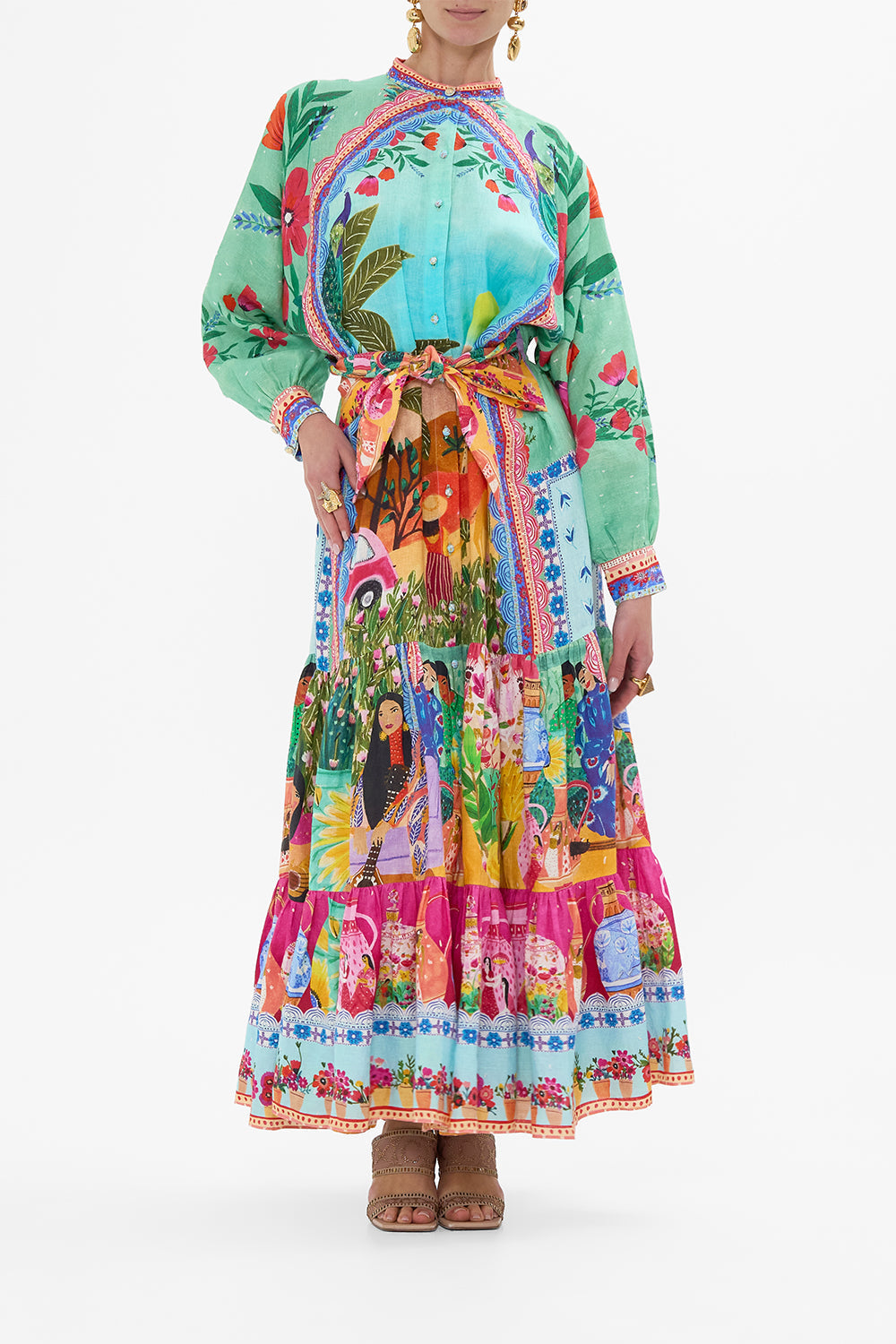 CAMILLA Tiered Shirdress With Wide Waist Tie in Queens of Creation print. 