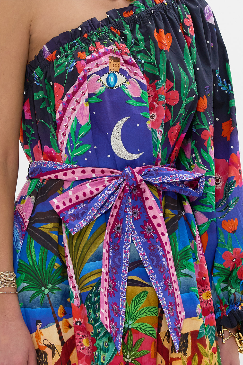 CAMILLA One Shoulder Dress With Blouson Sleeve in Midnight Muses print. 