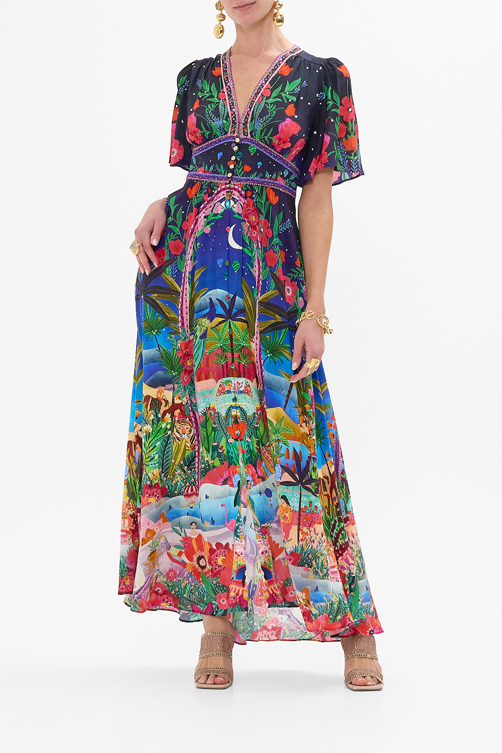 CAMILLA Shaped Waistband Dress with Flutter Sleeves in Midnight Muses print