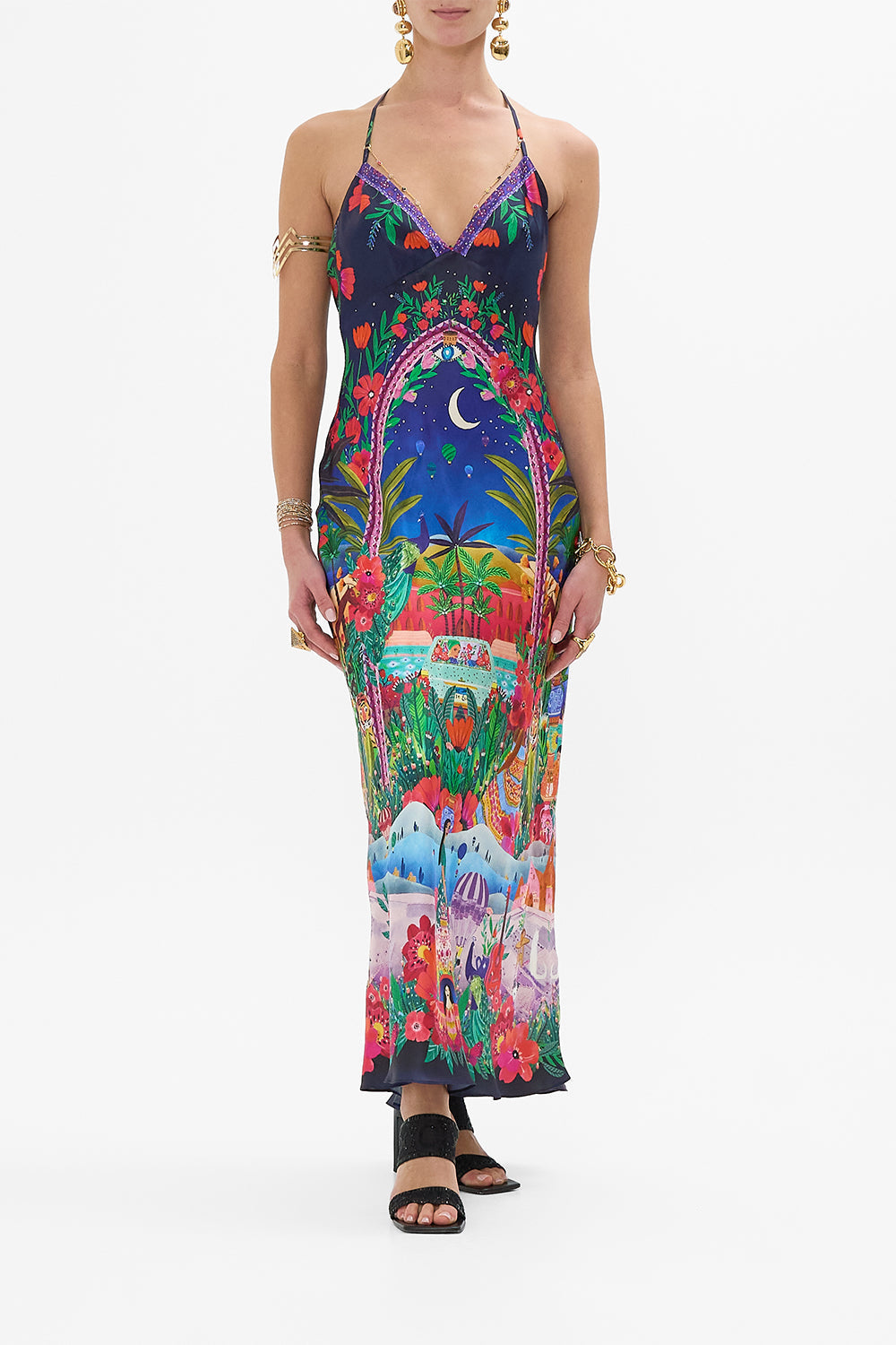 CAMILLA Chain Detail Slip Dress in Midnight Muses print, 