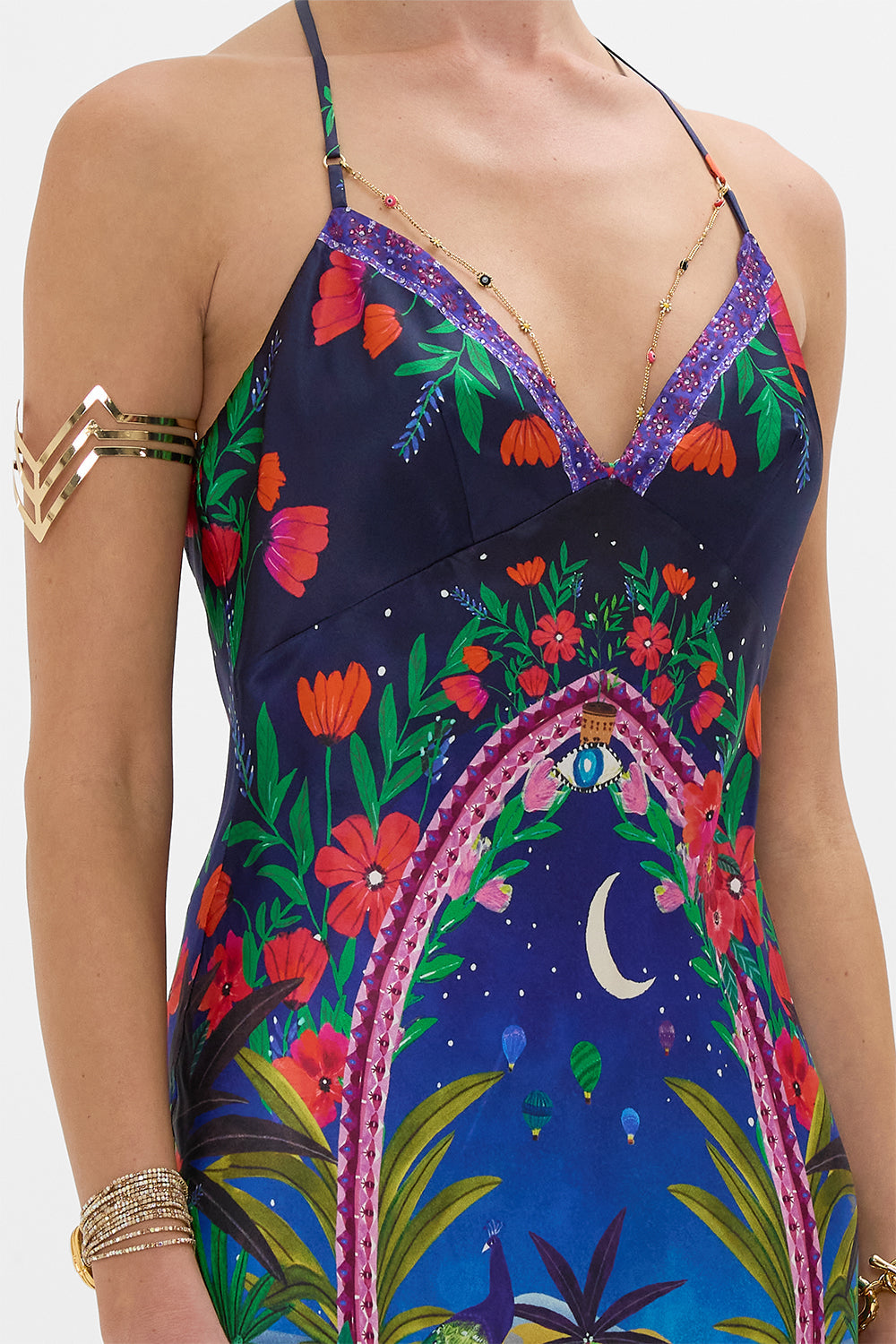 CAMILLA Chain Detail Slip Dress in Midnight Muses print.