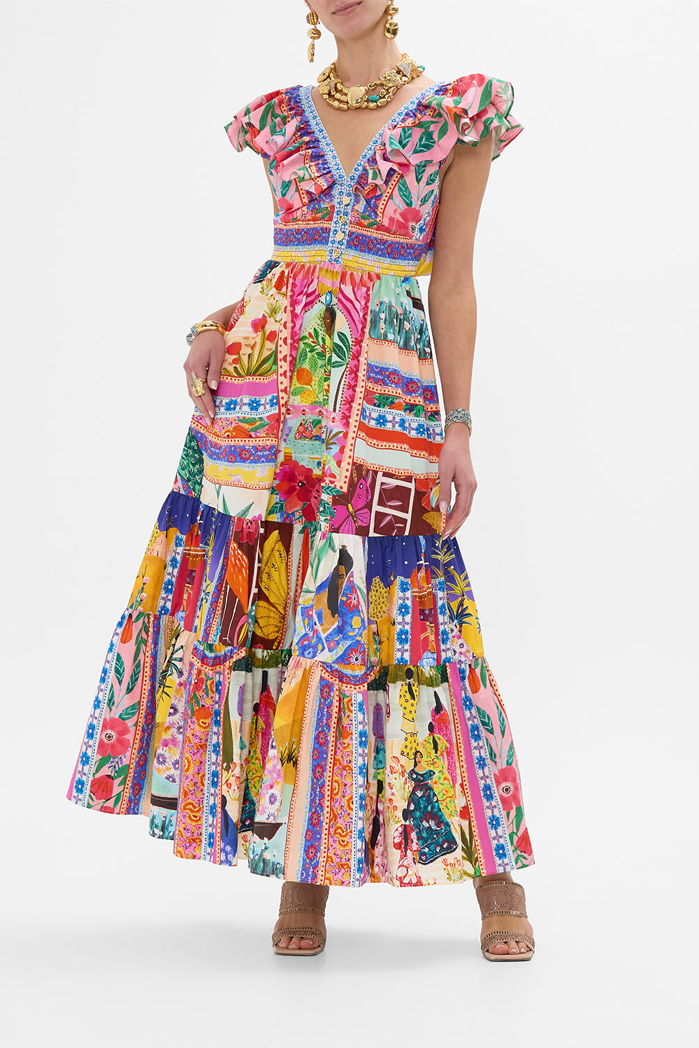 CAMILLA Tiered Dress With Neck Frill in Roeqiyas Realm print. 