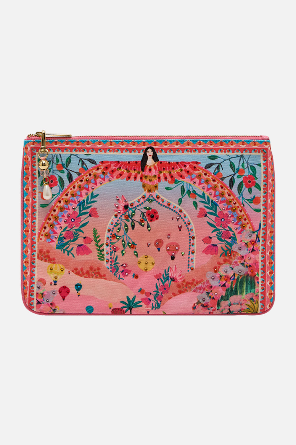 CAMILLA Small Canvas Clutch in Sister Sunset print. 