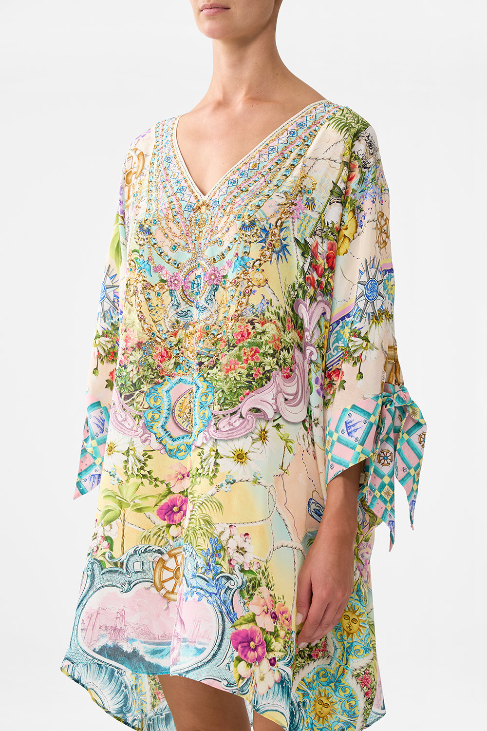 The CAMILLA Tie Sleeve Short V Neck Kaftan in our Just Coasting print.