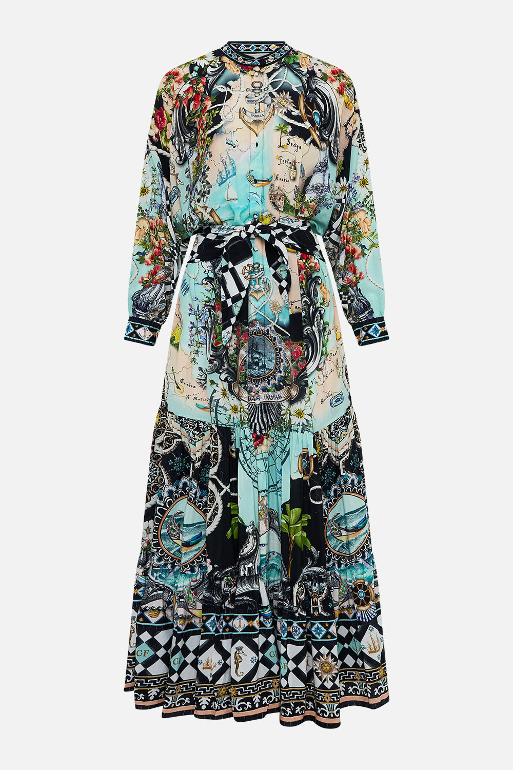 The CAMILLA Tiered Shirtdress With Wide Waist Tie in our Folk Afloat print.