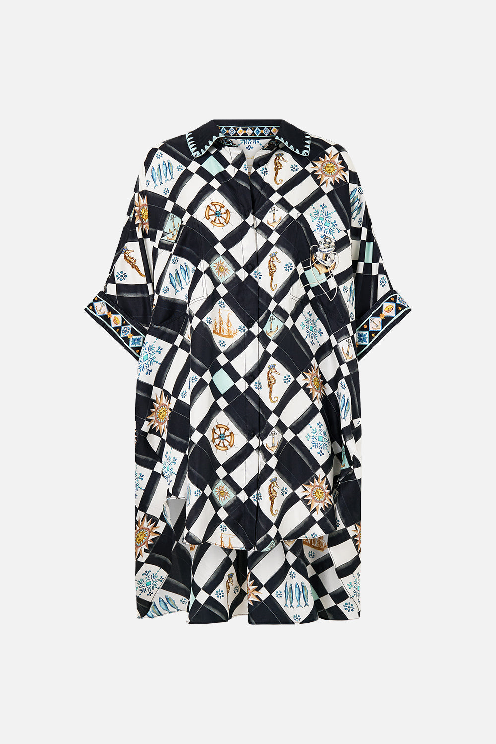 The CAMILLA SILK CHIFFON SHRUG TILES DARLS in our  print.