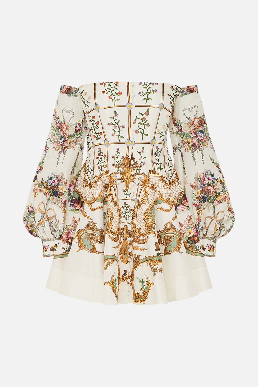 The CAMILLA Seamed Off The Shoulder Dress in our Dressing Room Drama print.