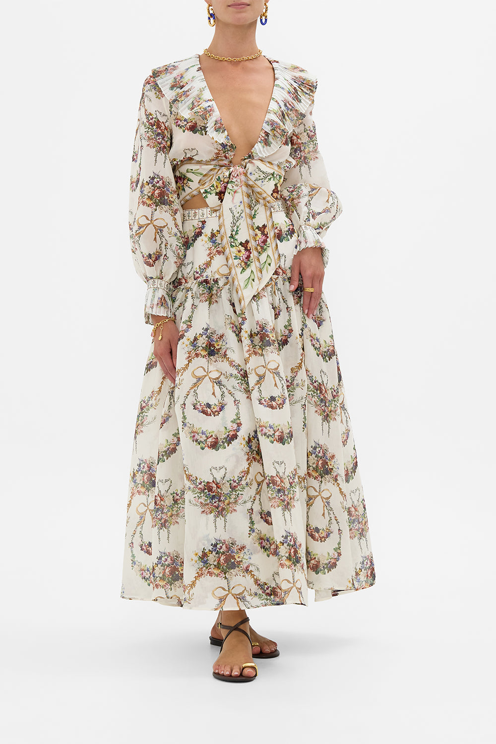 The CAMILLA FITTED WAIST GATHERED SKIRT LISBON LULLABY in our  print.