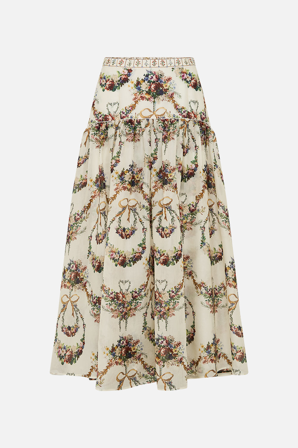The CAMILLA Fitted Waist Gathered Skirt With Lining in our Dressing Room Drama print.