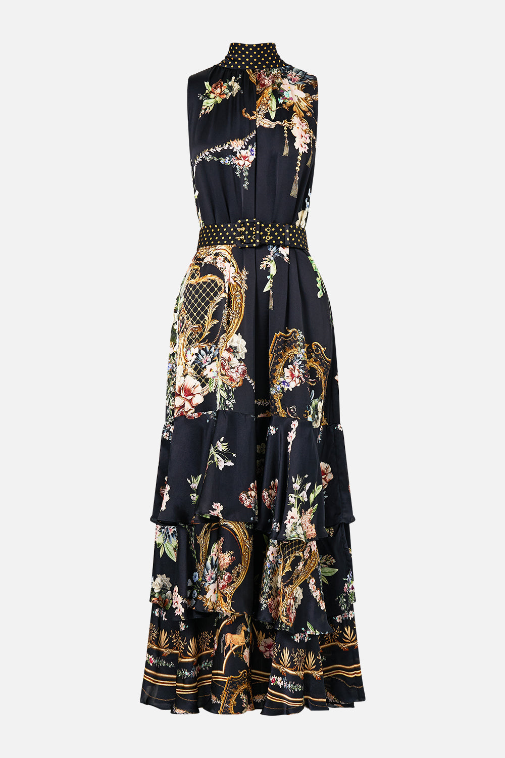 The CAMILLA Highneck Tiered Ruffle Hem Dress in our Noble Endeavours print.