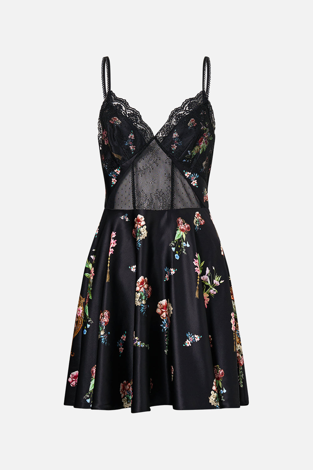 The CAMILLA Spliced Lace Mini Dress in our Noble Endeavours print.