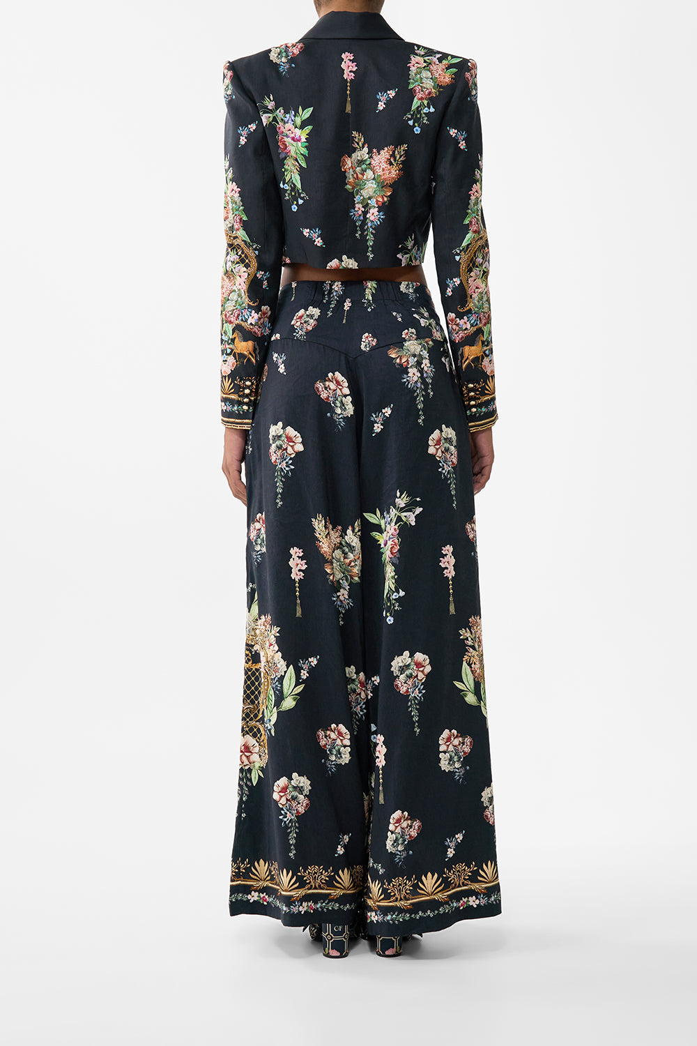 The CAMILLA Cropped Tailored Double Breasted Jacket in our Noble Endeavours print.