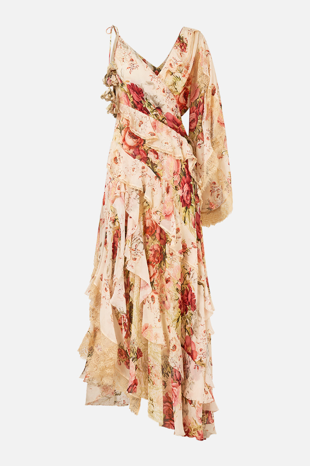 The CAMILLA Asymmetric Spliced Ruffle Dress in our Meet Me At The Majestic print.