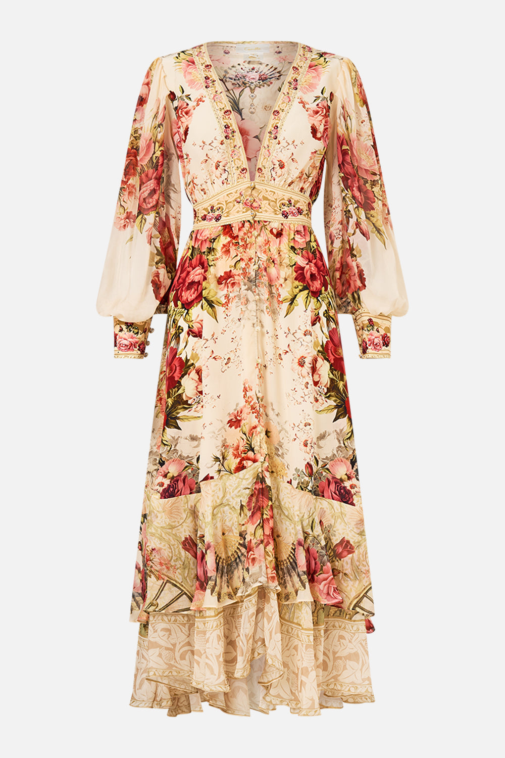 The CAMILLA Long Button Front Dress in our Meet Me At The Majestic print.