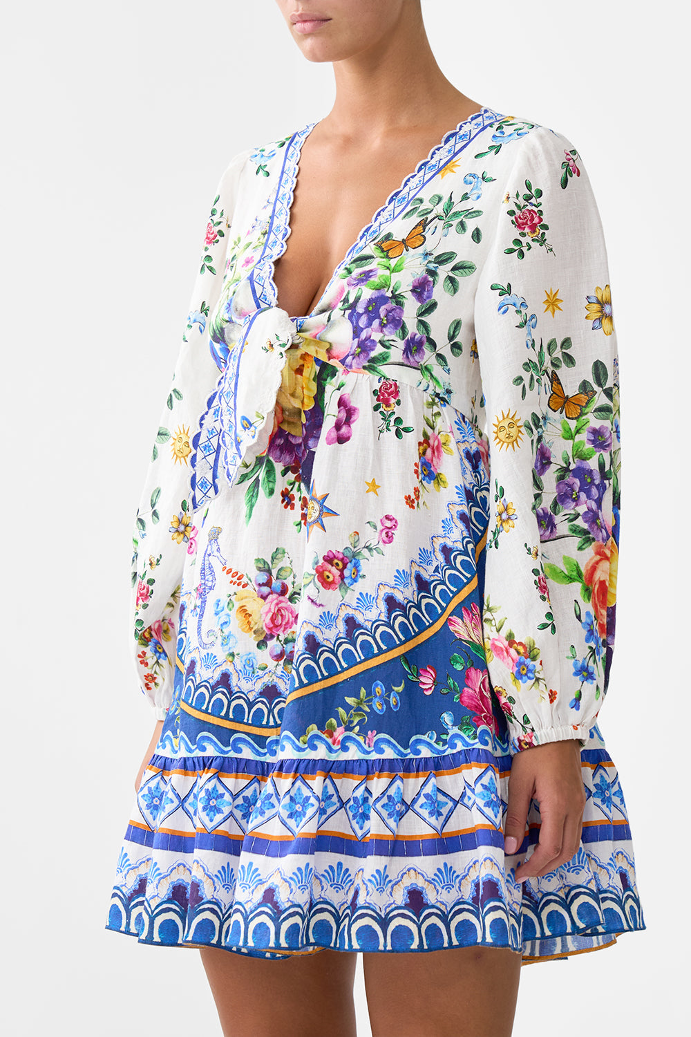 The CAMILLA Short Tie Front Blouson Dress in our Tiles Darls print.