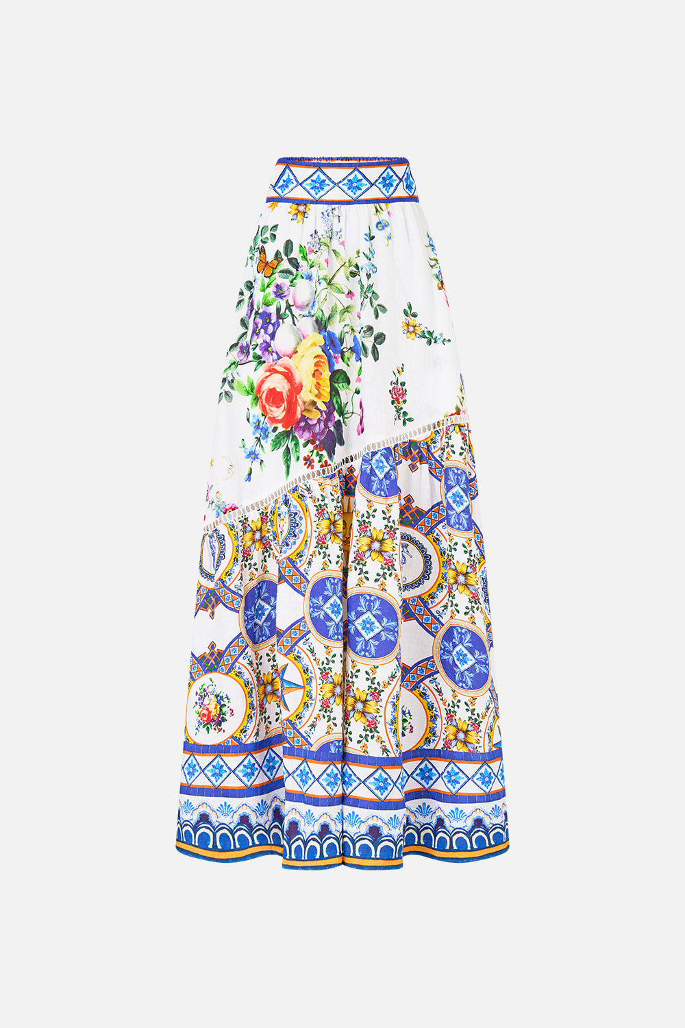 The CAMILLA EYELET WRAP MINI SKIRT WITH TIE WAIST SPIRIT OF SANTA MARIA in our  print.