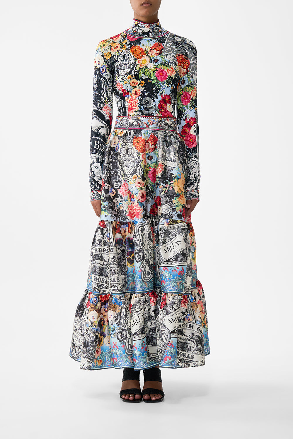 The CAMILLA WAISTED DRESS WITH HEM RUFFLE JUST COASTING in our  print.