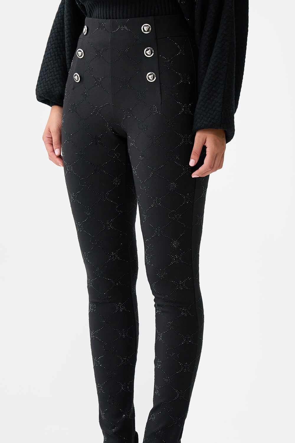 The CAMILLA Button Embellished Ponte Pant in our Solid Black print.