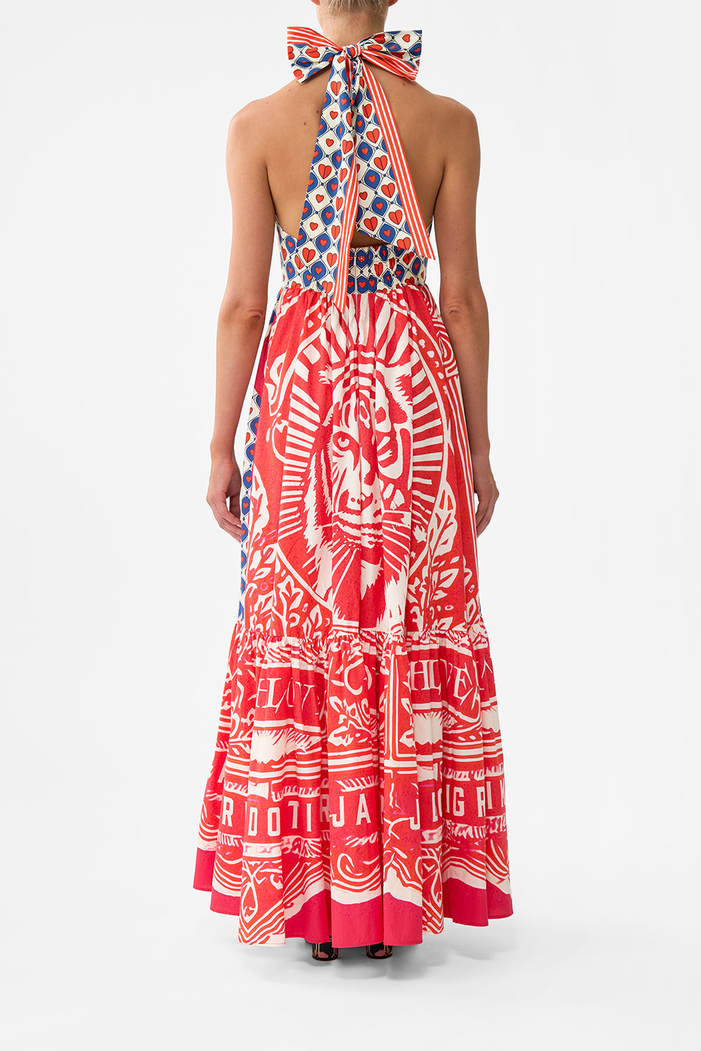 The CAMILLA Ruffle Hem Halter Dress in our Rinse & Roar print.