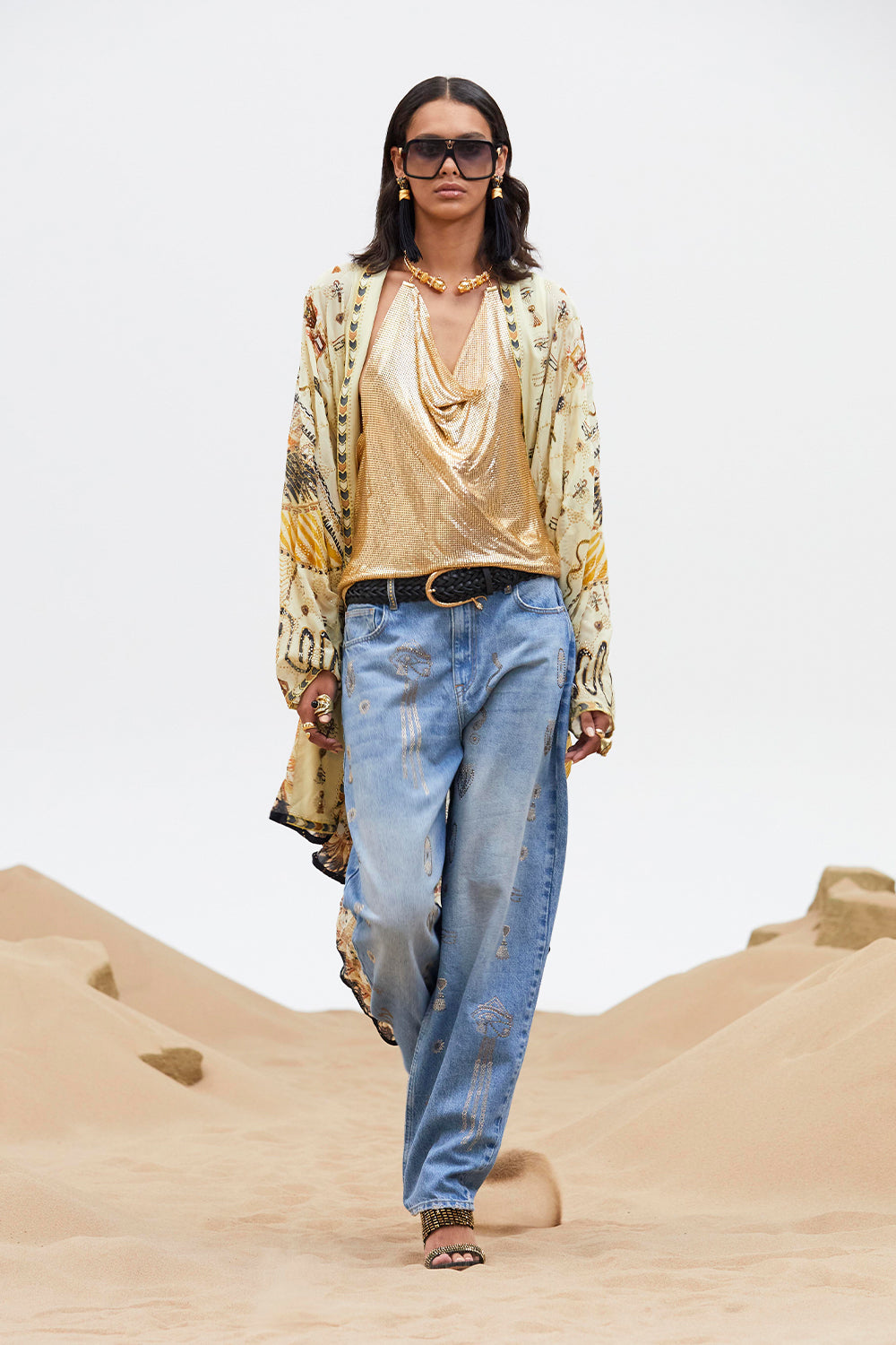 The CAMILLA BUTTON THROUGH SCARF BLOUSE FOOTSTEPS IN FOLKLORE in our  print.
