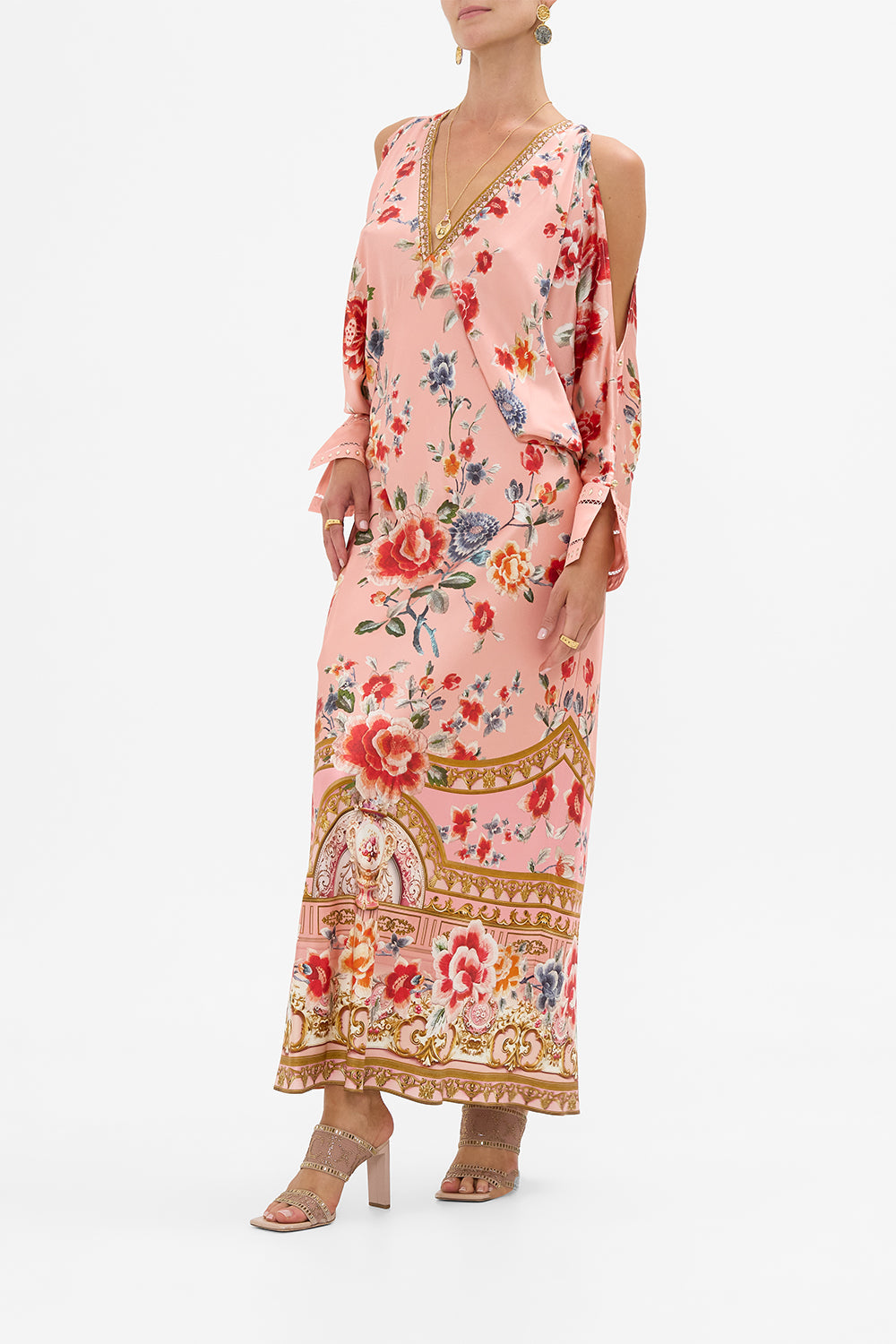 The CAMILLA Plunge Neck Draped Shoulder Dress in our Majestic Milla print.