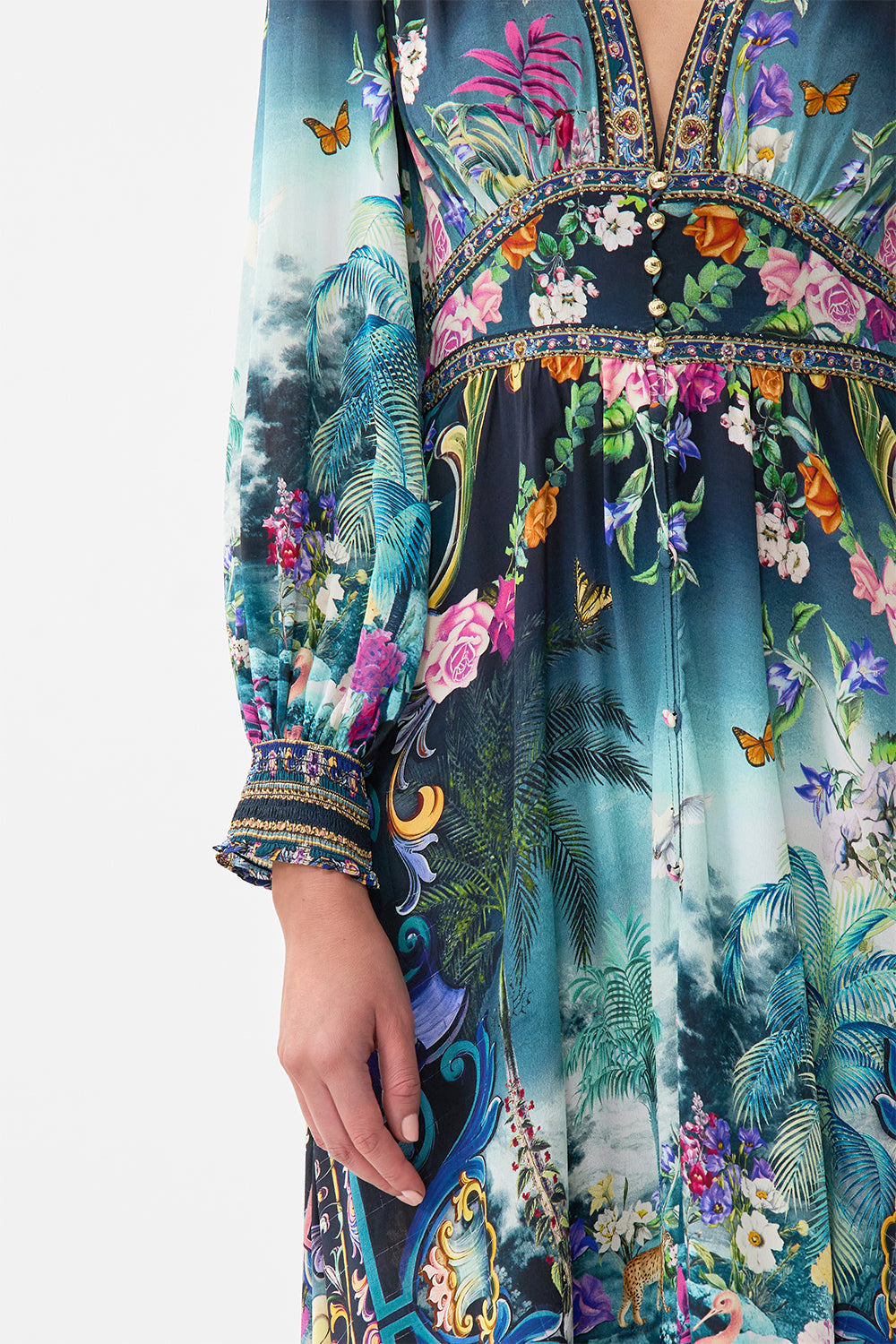The CAMILLA Button Dress With Shaped Waistband in our Basked In Baroque print.