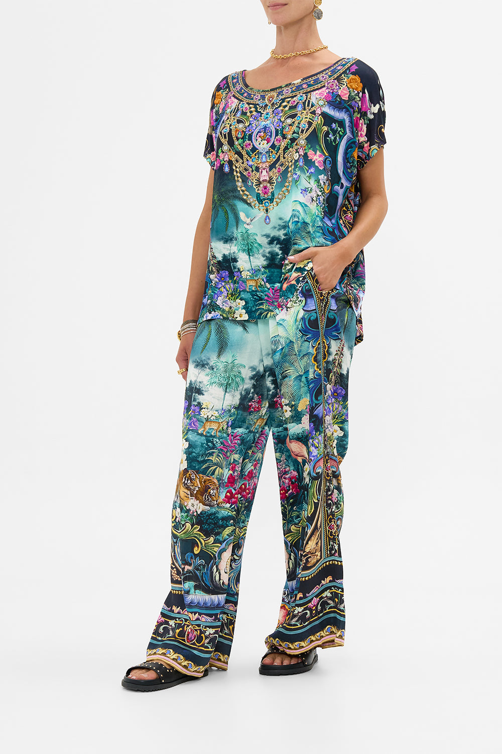 The CAMILLA JERSEY FLARE PANT RINSE & ROAR in our  print.